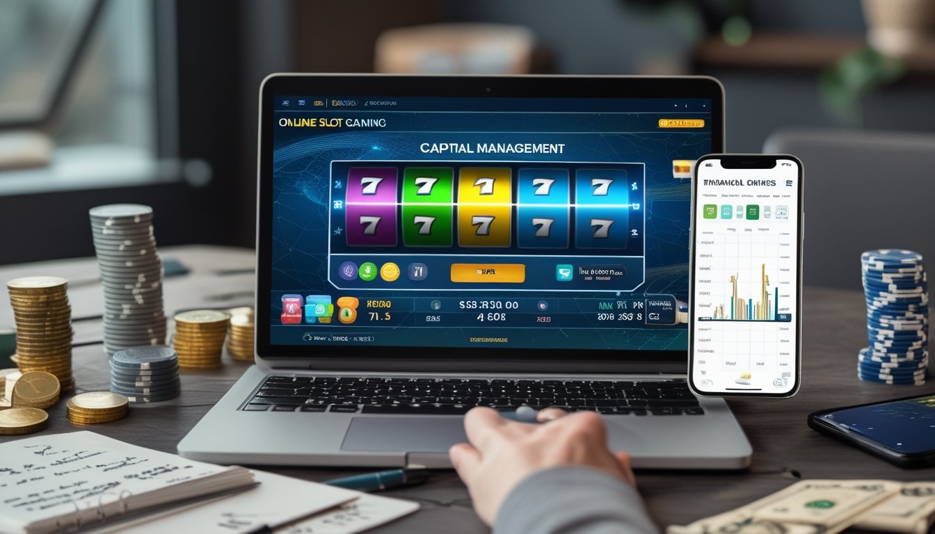 Seorang pria sedang bekerja dengan laptop yang menampilkan permainan slot online, di meja terdapat catatan dan ponsel dengan grafik keuangan, dikelilingi chip poker dan koin.