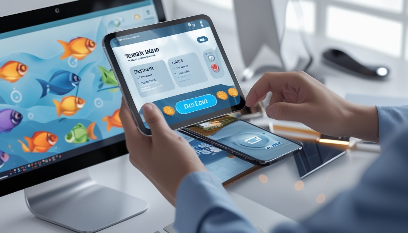 Seseorang sedang bermain permainan tembak ikan online di perangkat digital dengan tampilan grafis ikan berwarna-warni dan ikon dompet digital di layar.