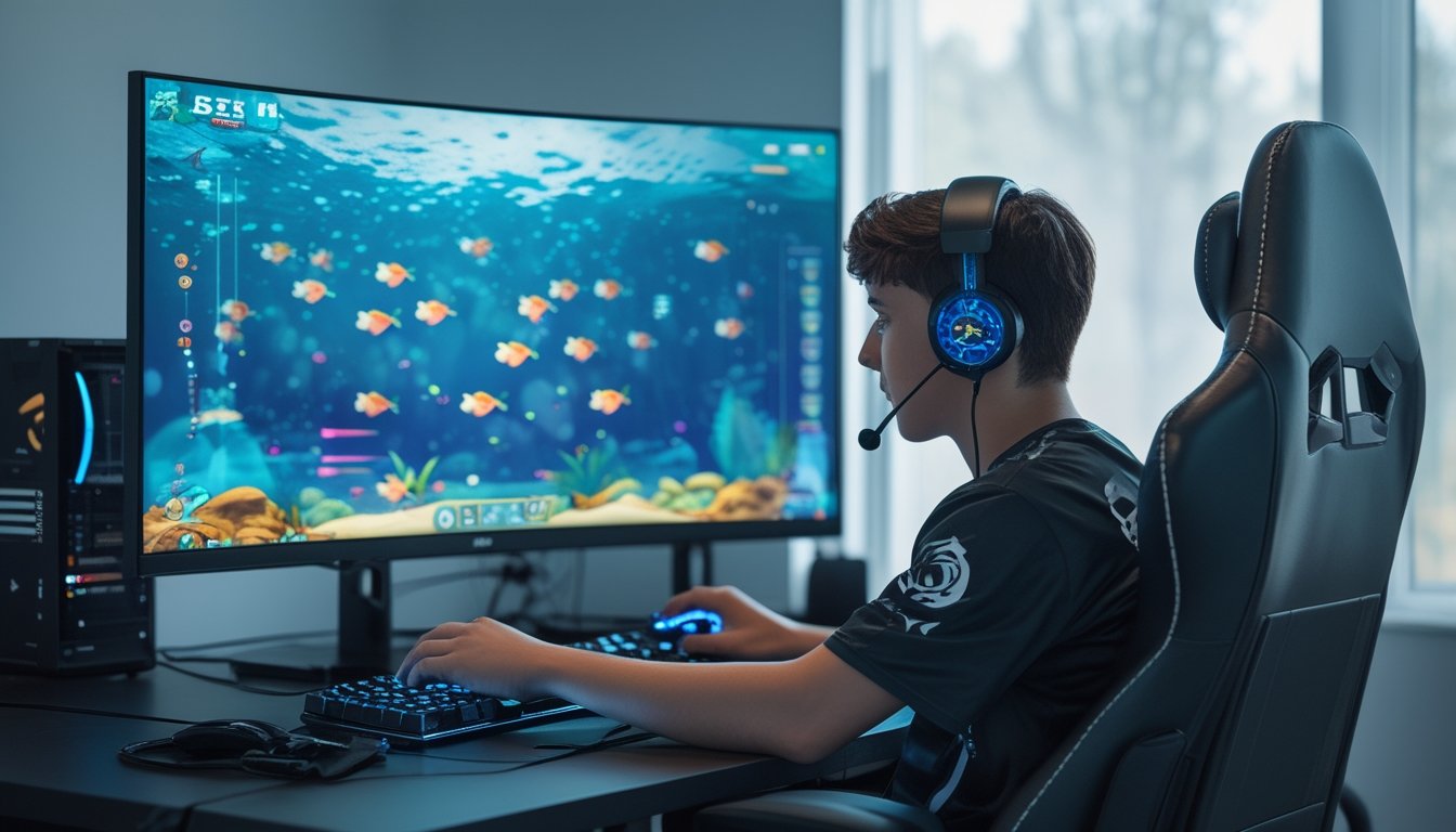 Seorang gamer muda sedang bermain permainan tembak ikan online di depan komputer dengan layar menampilkan grafis ikan berwarna-warni.