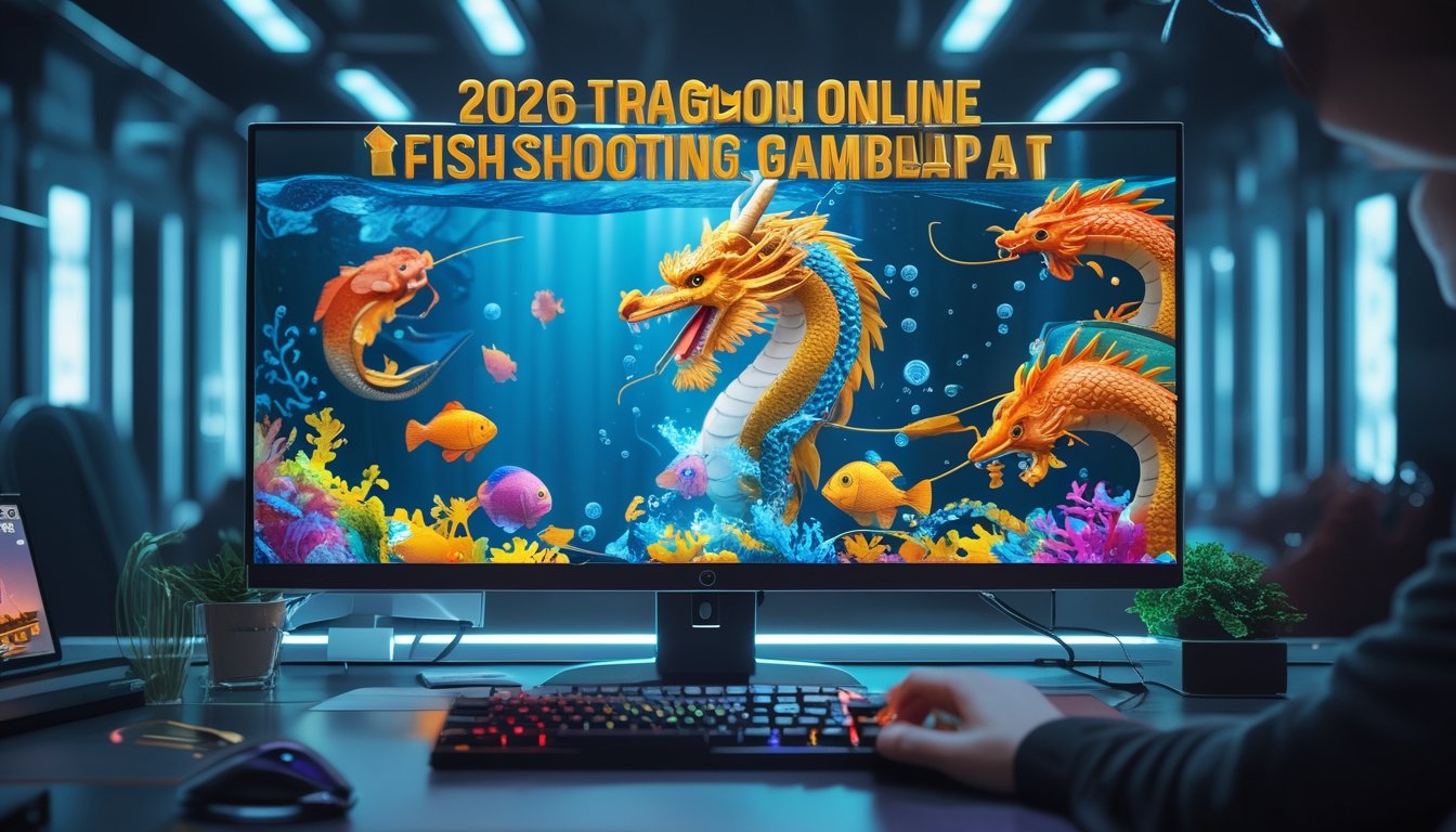 Seorang pemain sedang membidik naga emas di layar komputer dengan latar lingkungan permainan ikan online.