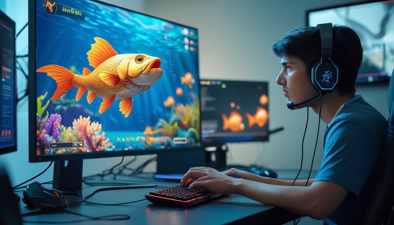 Seorang pemain game fokus menggunakan komputer dengan layar menampilkan permainan menembak ikan dan seekor ikan naga emas di dalamnya.
