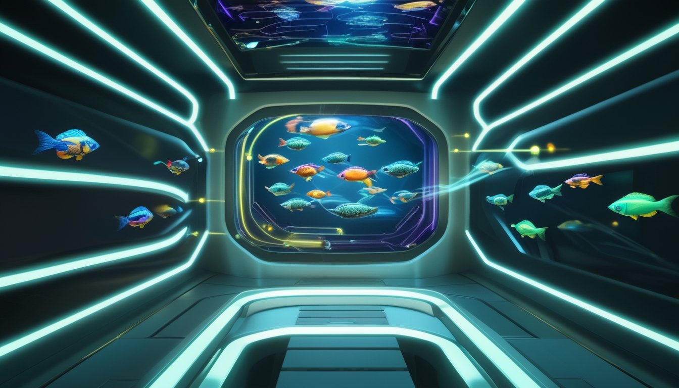 Layar permainan online dengan senjata laser menembak ikan berwarna-warni di latar bawah laut futuristik.