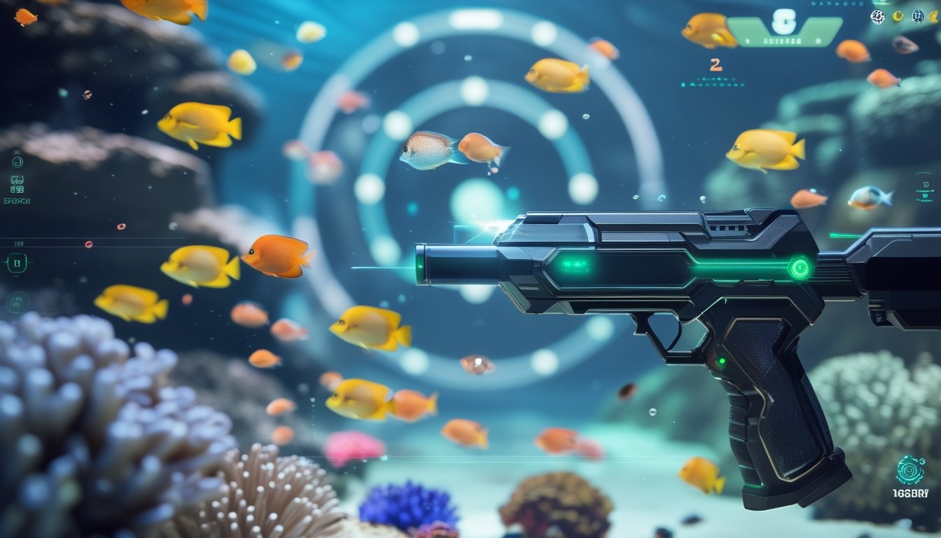 Pemandangan bawah laut dengan ikan warna-warni dan senjata laser futuristik yang diarahkan ke ikan, menunjukkan permainan tembak ikan online.