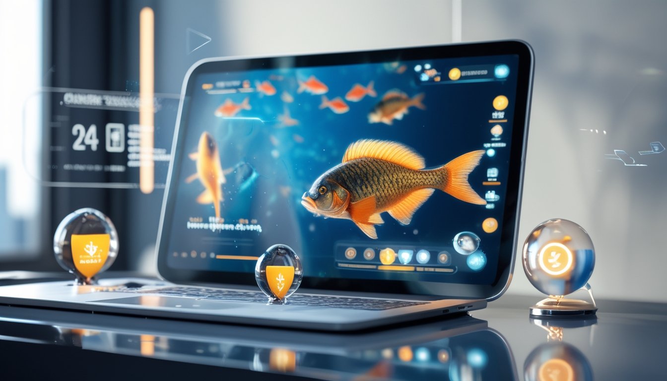 Seorang pengguna sedang bermain permainan tembak ikan online di perangkat modern dengan ikan digital berwarna-warni di layar.