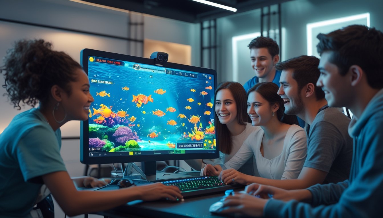 Beberapa orang muda sedang bermain permainan tembak ikan online di depan komputer dengan grafik bawah laut yang berwarna-warni.