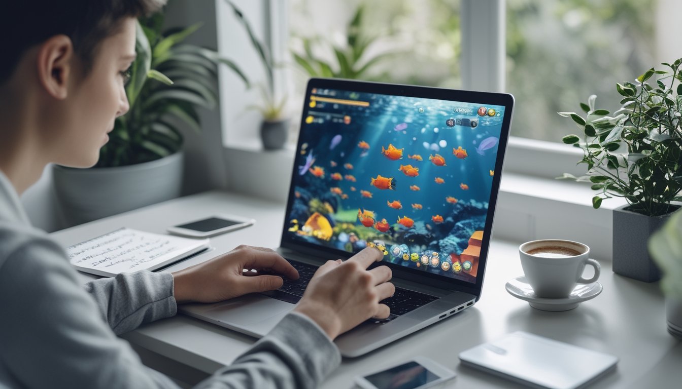 Seorang dewasa muda sedang mengatur uang kecil sambil bermain permainan tembak ikan online di laptop di ruang kerja yang nyaman.