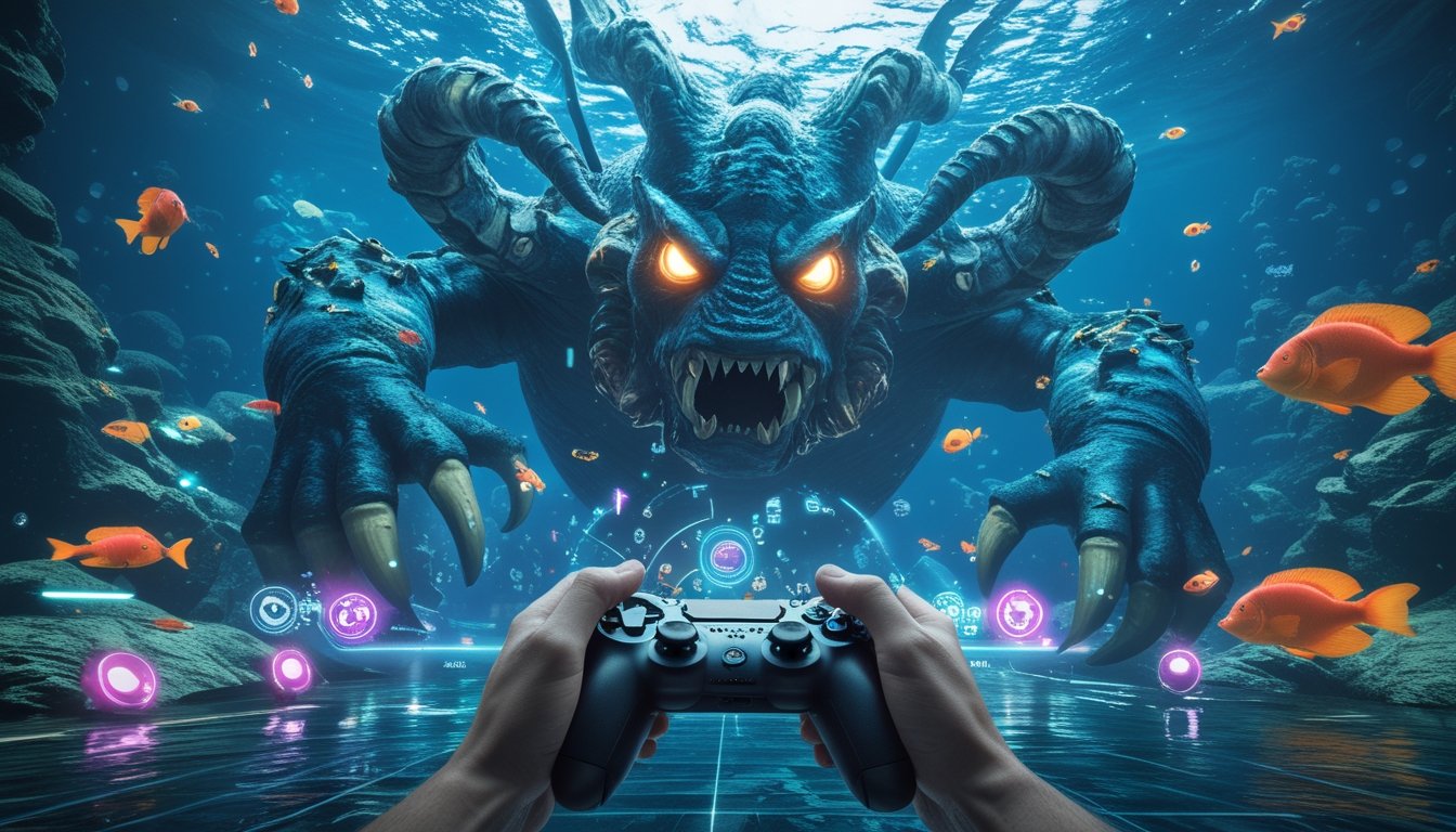 Seorang pemain game fokus menghadapi monster Kraken raksasa di bawah laut dengan ikan warna-warni di sekitarnya.
