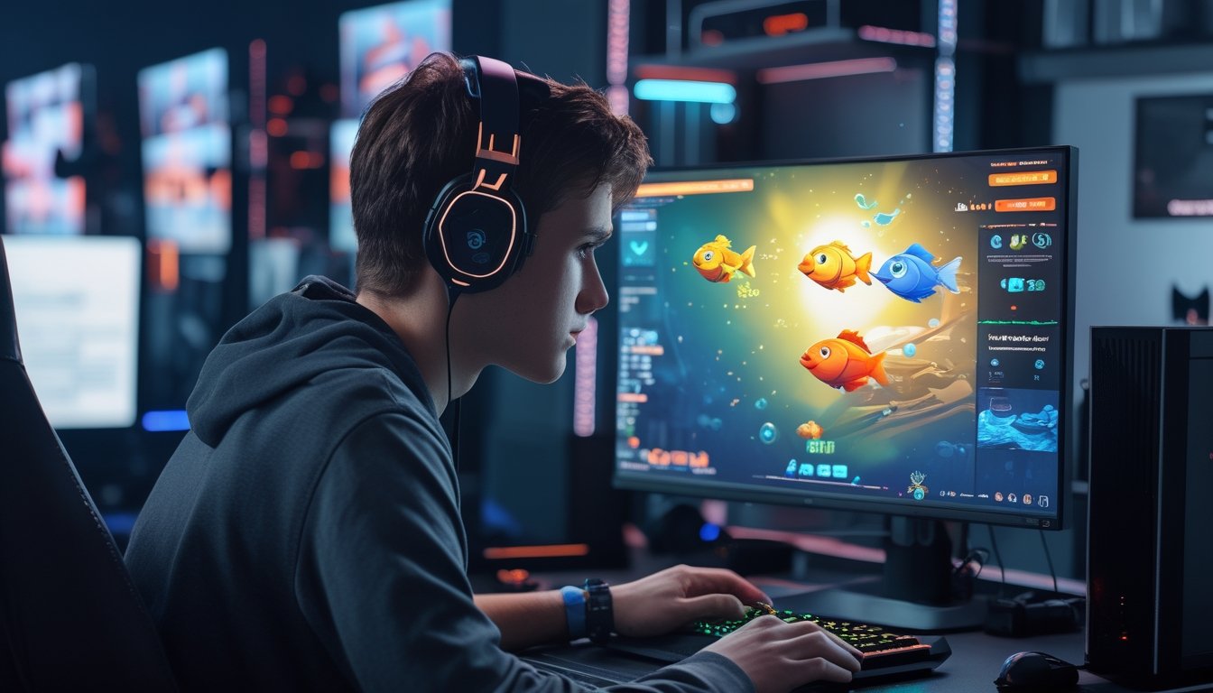 Seorang pria muda sedang bermain permainan tembak ikan online di depan komputer dengan layar penuh warna dan peralatan gaming di ruangan yang terang.