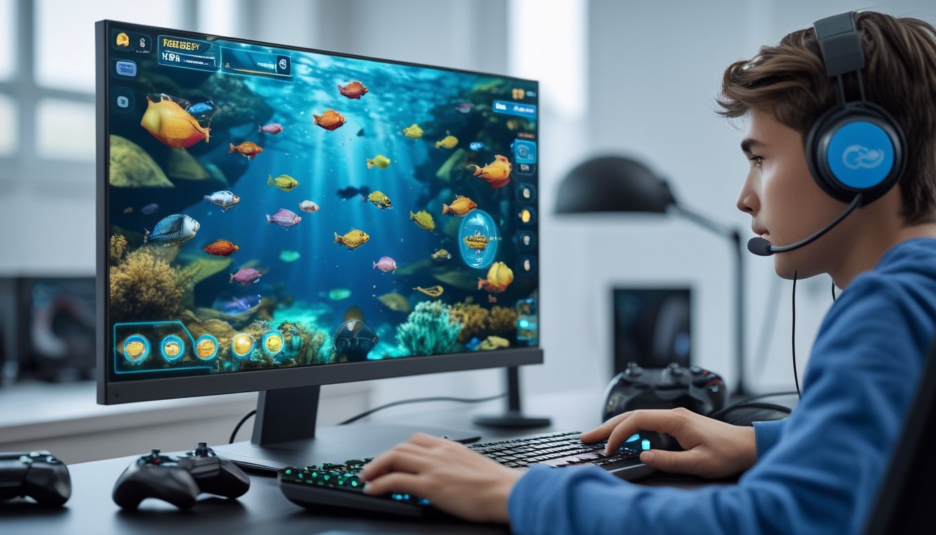 Seseorang sedang bermain game tembak ikan online di komputer dengan tampilan fitur auto-aim di layar dalam ruangan berperalatan game.