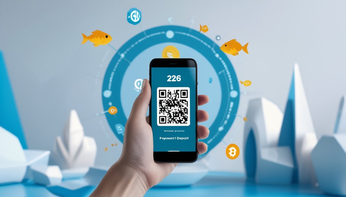 Sebuah ponsel pintar dengan kode QR di layar, dikelilingi ikon ikan dan simbol mata uang digital, menunjukkan metode pembayaran cepat untuk permainan judi online.