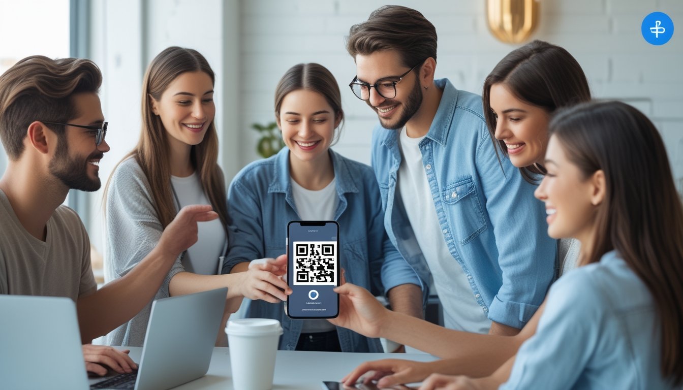 Sekelompok orang muda sedang menggunakan ponsel dengan kode QR di layar dalam suasana kafe modern.
