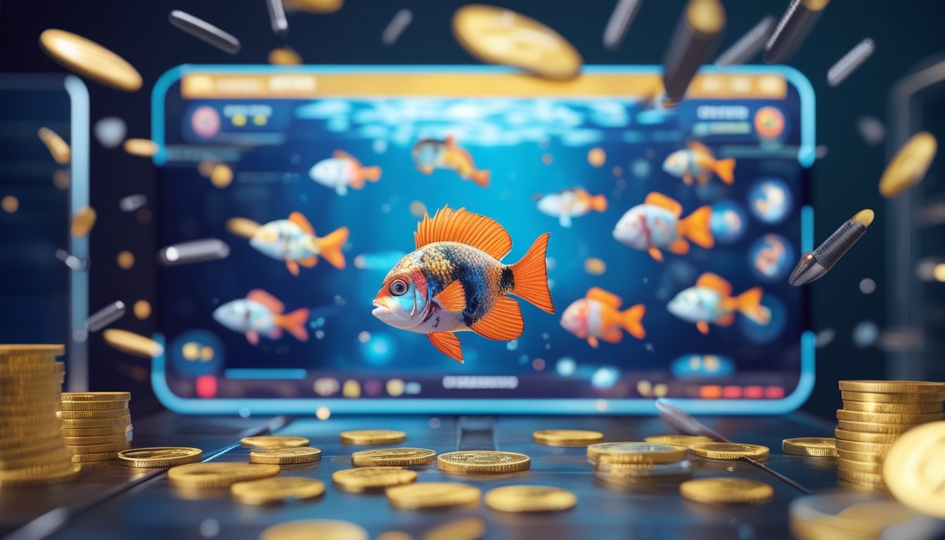 Layar perangkat digital menampilkan permainan tembak ikan dengan berbagai jenis peluru dan ikan berwarna-warni di latar bawah laut.