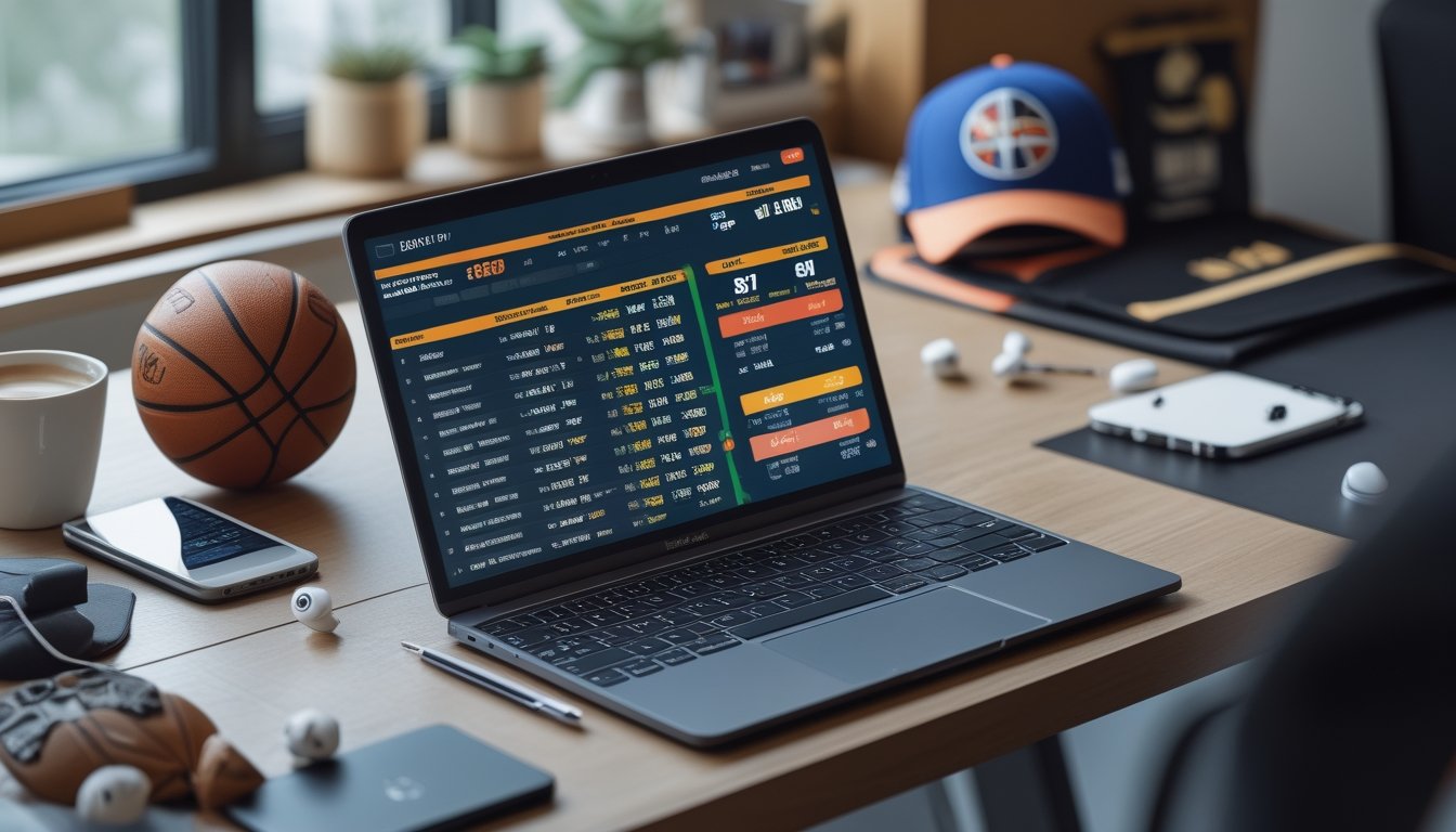 Meja kerja modern dengan laptop yang menampilkan pasar taruhan handicap judi basket NBA, dilengkapi dengan bola basket kecil dan smartphone yang menunjukkan skor pertandingan NBA.