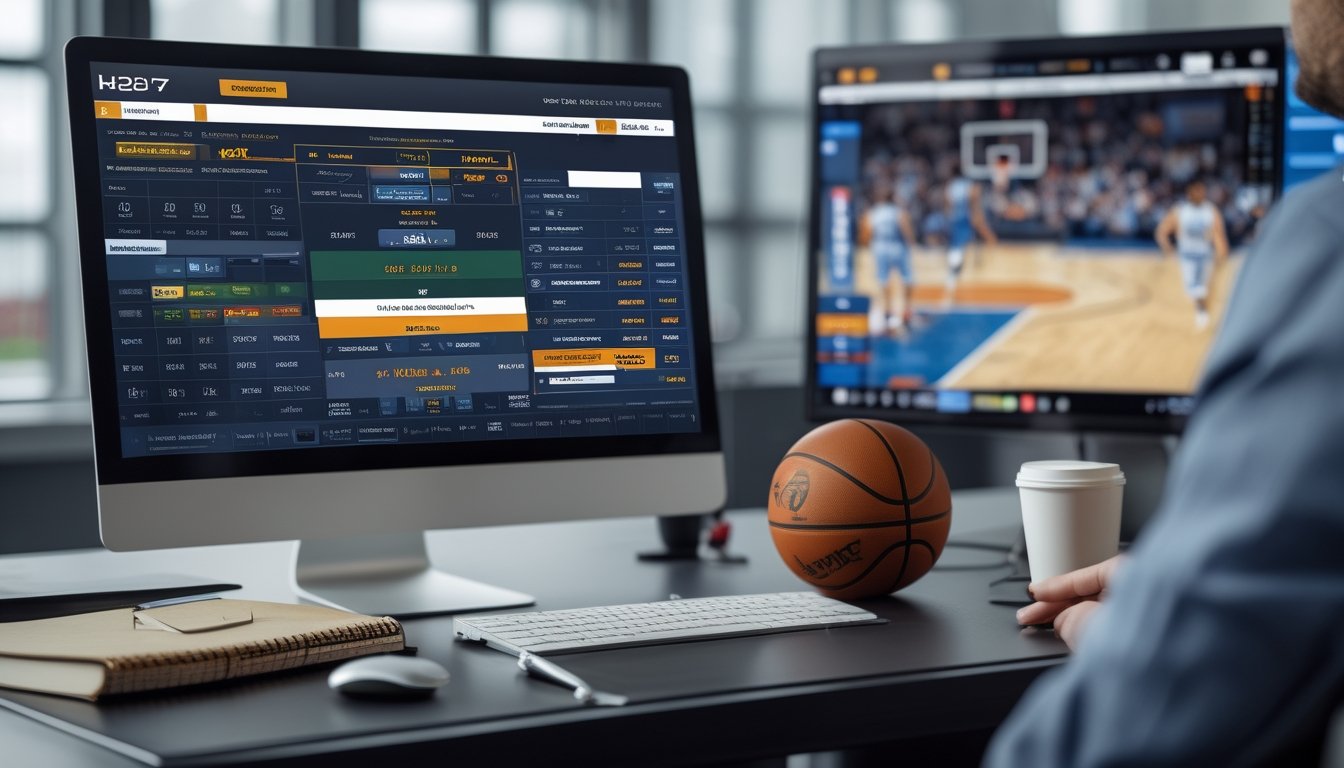 Meja kerja dengan komputer yang menampilkan peluang taruhan NBA dan bola basket, suasana fokus dan analisis taruhan olahraga.