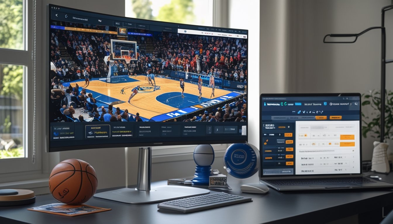 Sebuah ruang kerja modern dengan monitor besar yang menampilkan pertandingan bola basket secara langsung dan laptop yang menunjukkan situs judi bola basket online terpercaya.