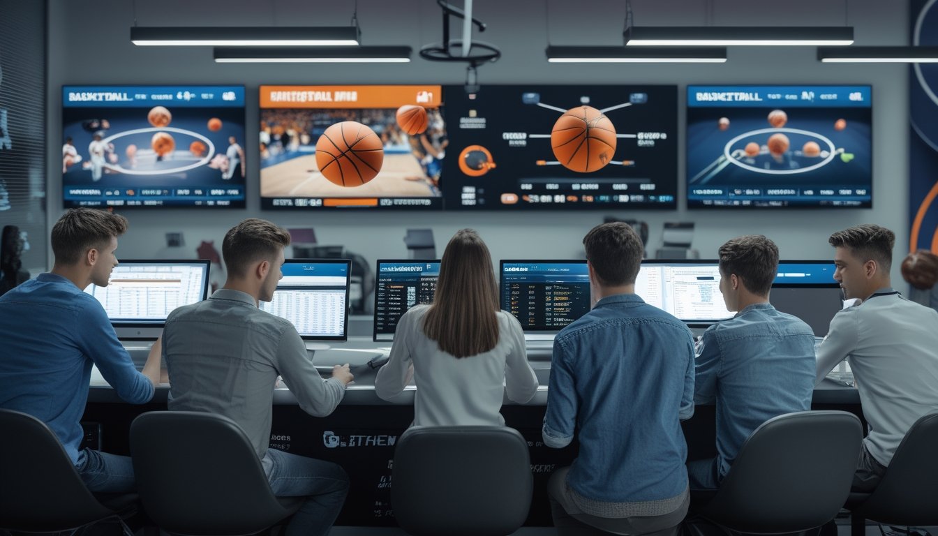 Orang-orang muda menggunakan perangkat digital untuk menonton pertandingan basket secara langsung dan memasang taruhan online di lingkungan kerja modern.