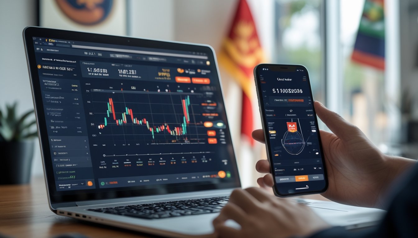 Seorang pria sedang menggunakan laptop dan ponsel untuk melihat data dan statistik bola basket secara online di sebuah meja kerja.