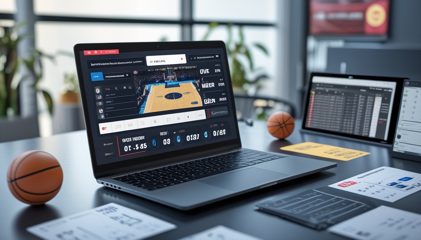 Seorang pria menggunakan laptop dengan tampilan pertandingan basket dan antarmuka taruhan di meja kerja yang rapi, dikelilingi bola basket dan papan skor.