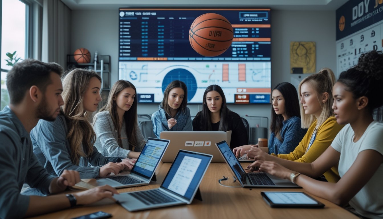 Sekelompok orang muda berkumpul di ruangan modern sambil melihat perangkat digital dan menonton pertandingan bola basket wanita, tampak serius dan fokus berdiskusi strategi taruhan online.