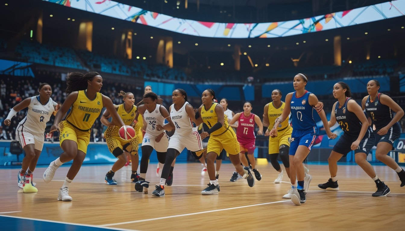 Sekelompok pemain basket wanita dari berbagai negara sedang bermain dalam pertandingan kompetitif di lapangan basket dalam ruangan dengan penonton di latar belakang.