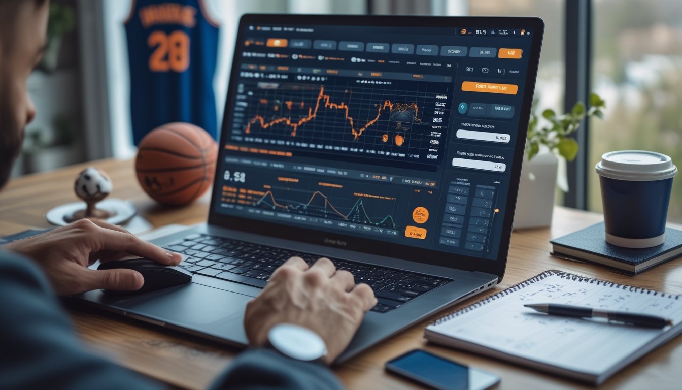 Seseorang sedang menggunakan laptop dengan grafik dan diagram taruhan bola basket di meja kerja dengan dekorasi bertema bola basket.