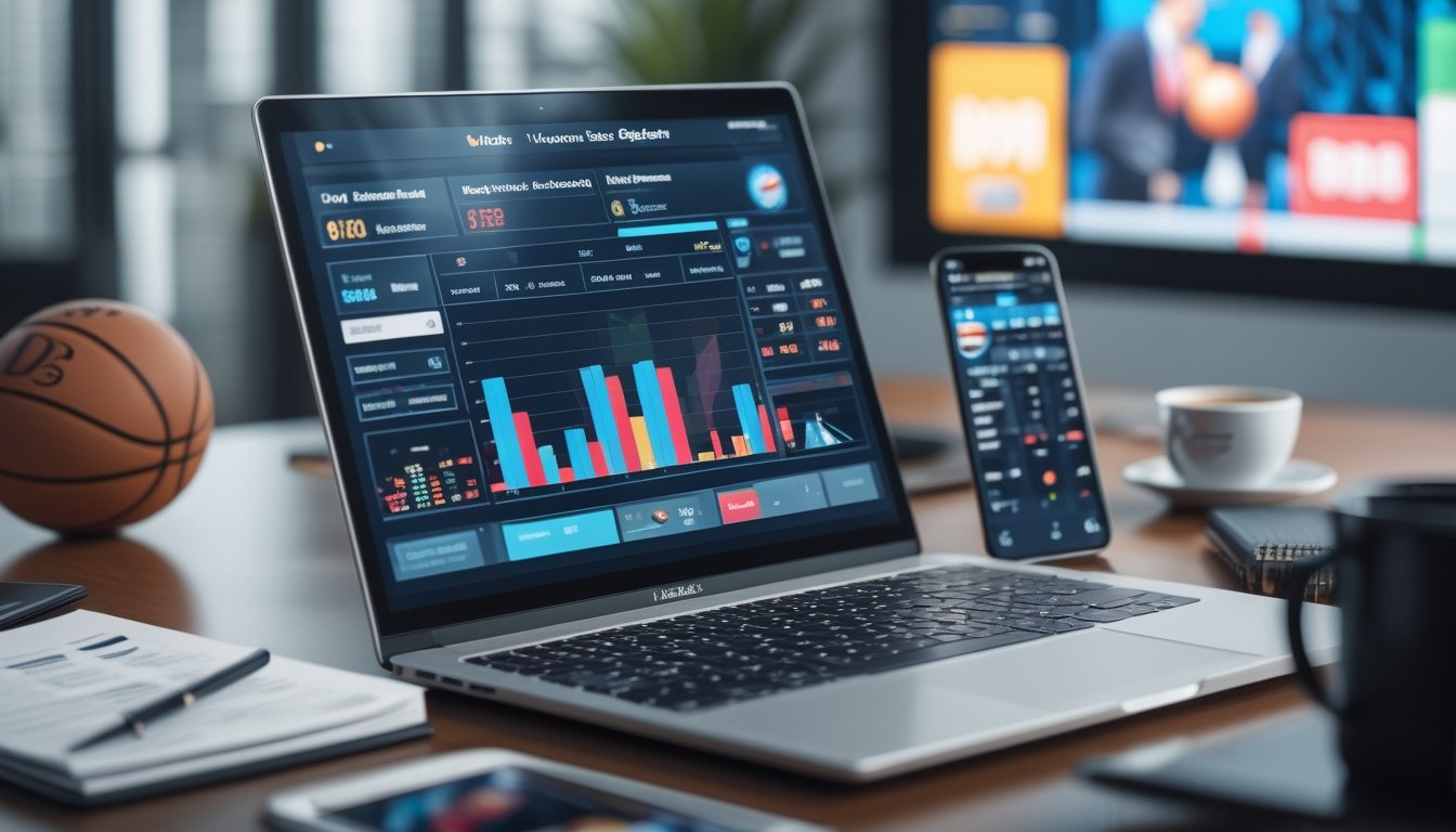 Seorang profesional sedang menganalisis grafik peluang taruhan judi basket online di depan laptop dengan smartphone yang menampilkan pertandingan basket langsung.