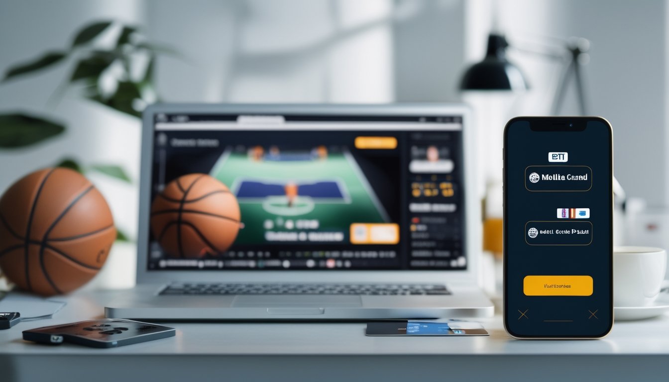 Meja kerja dengan laptop menampilkan pertandingan basket, smartphone dengan aplikasi dompet digital, bola basket, dan kartu kredit di sekitarnya.