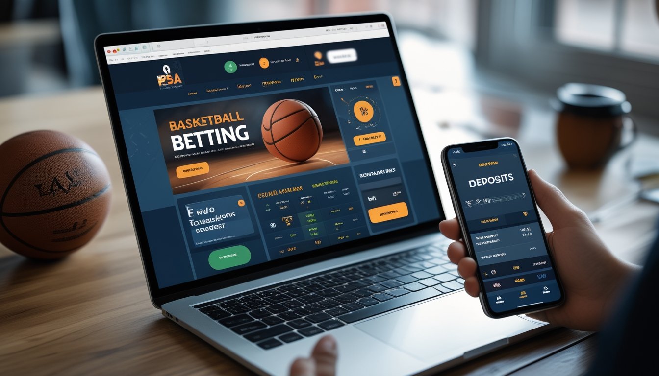 Meja kerja modern dengan laptop dan ponsel yang menampilkan aplikasi taruhan bola basket dan dompet digital, dengan bola basket dan cangkir kopi di latar belakang.