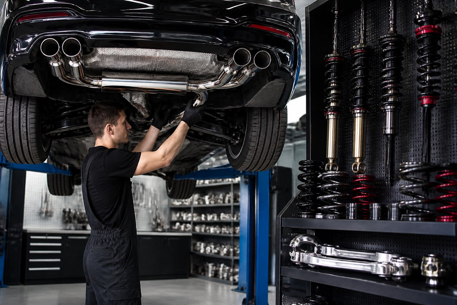 Technician installing a performance exhaust on a premium car in a clean automotive workshop with suspension kits displayed nearby.