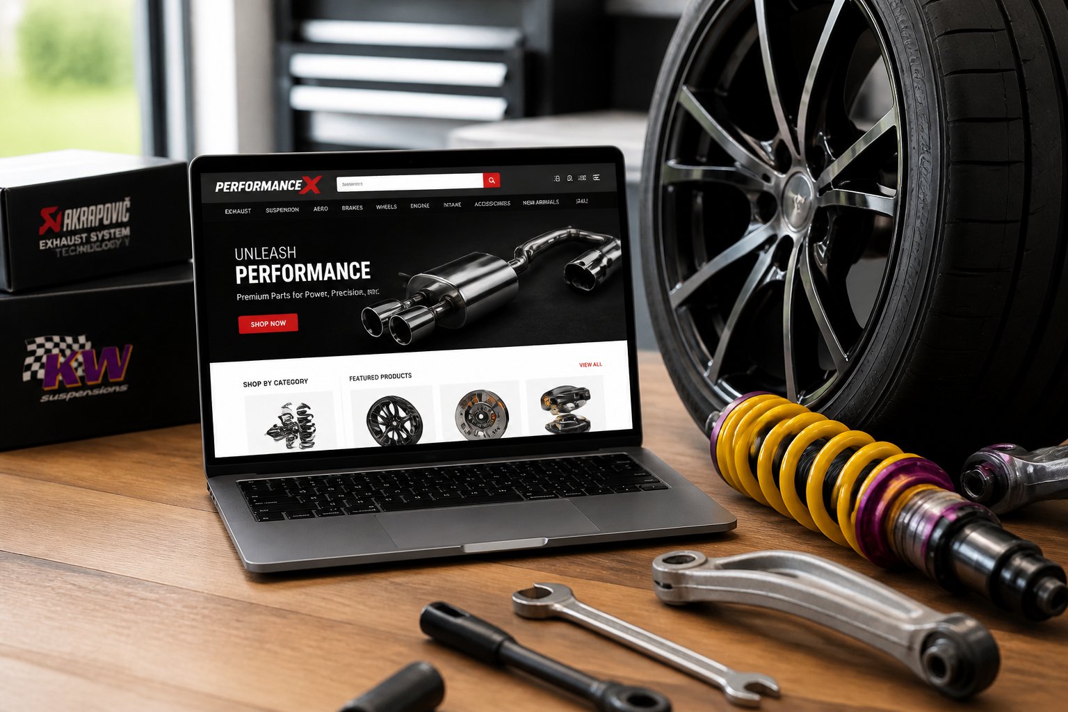 A workspace with a laptop showing an online store for car performance parts, next to car suspension components and tools on the desk.