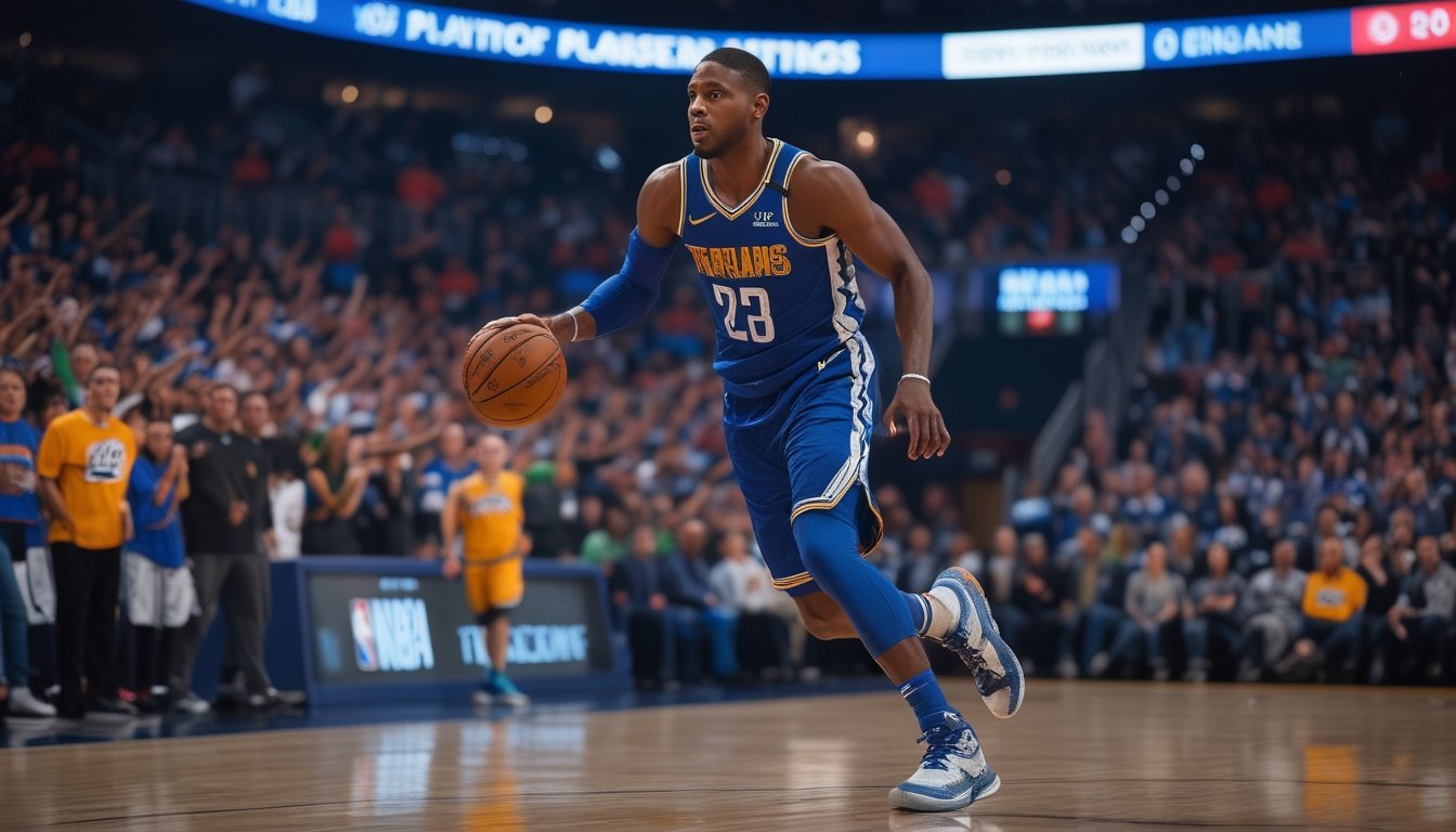 Seorang pemain basket sedang menggiring bola dengan fokus di lapangan selama pertandingan NBA playoff yang ramai dan penuh semangat.