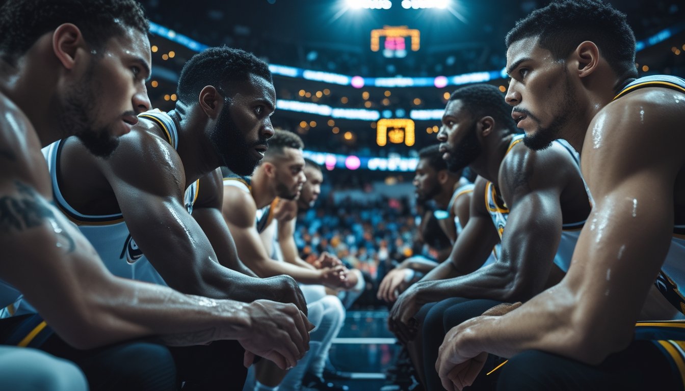 Pemain basket sedang fokus dan bersemangat bermain di kuarter terakhir pertandingan NBA playoff dengan penonton di latar belakang.