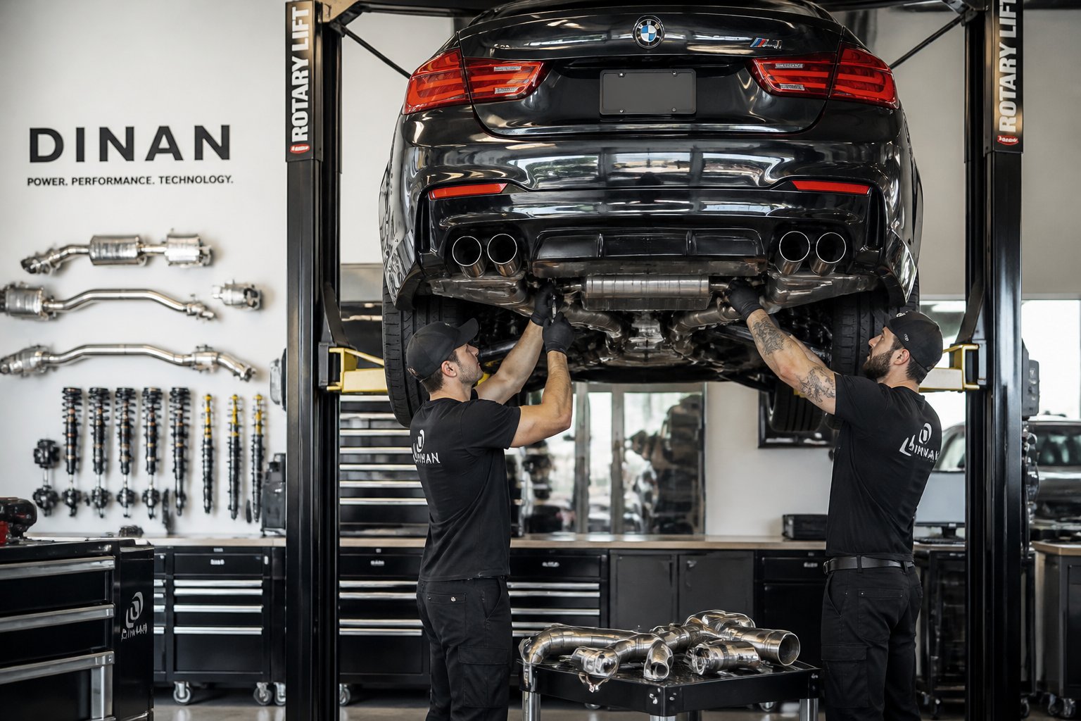 A luxury car is lifted in a clean automotive shop where mechanics install performance exhaust and suspension parts.