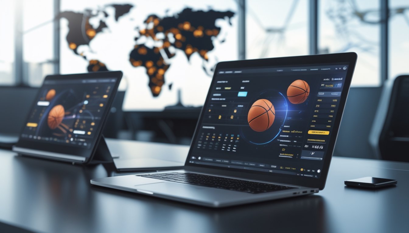 Seorang profesional bekerja dengan perangkat digital yang menampilkan data taruhan bola basket secara internasional di lingkungan kantor modern.