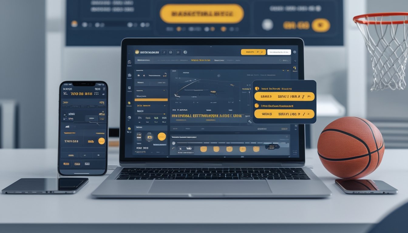 Meja kerja modern dengan perangkat digital menampilkan aplikasi taruhan bola basket online internasional dan elemen bola basket di latar belakang.