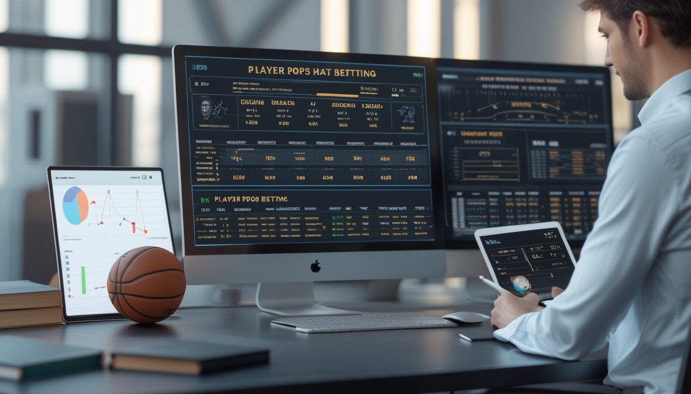 Seorang analis sedang memeriksa data statistik pemain basket di meja kerja dengan monitor dan tablet di kantor modern.