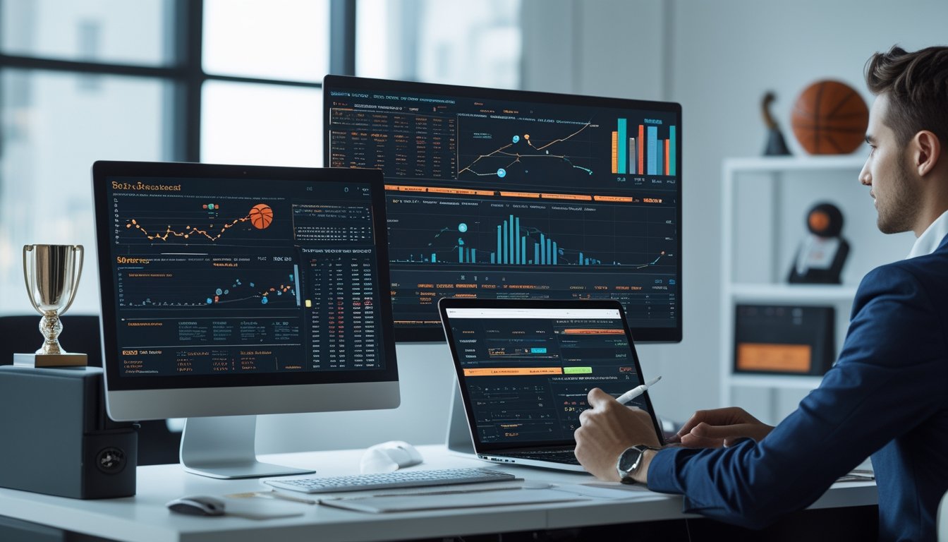 Seorang profesional sedang menganalisis data statistik pemain basket menggunakan komputer dan tablet di ruang kerja modern yang terang dan rapi.