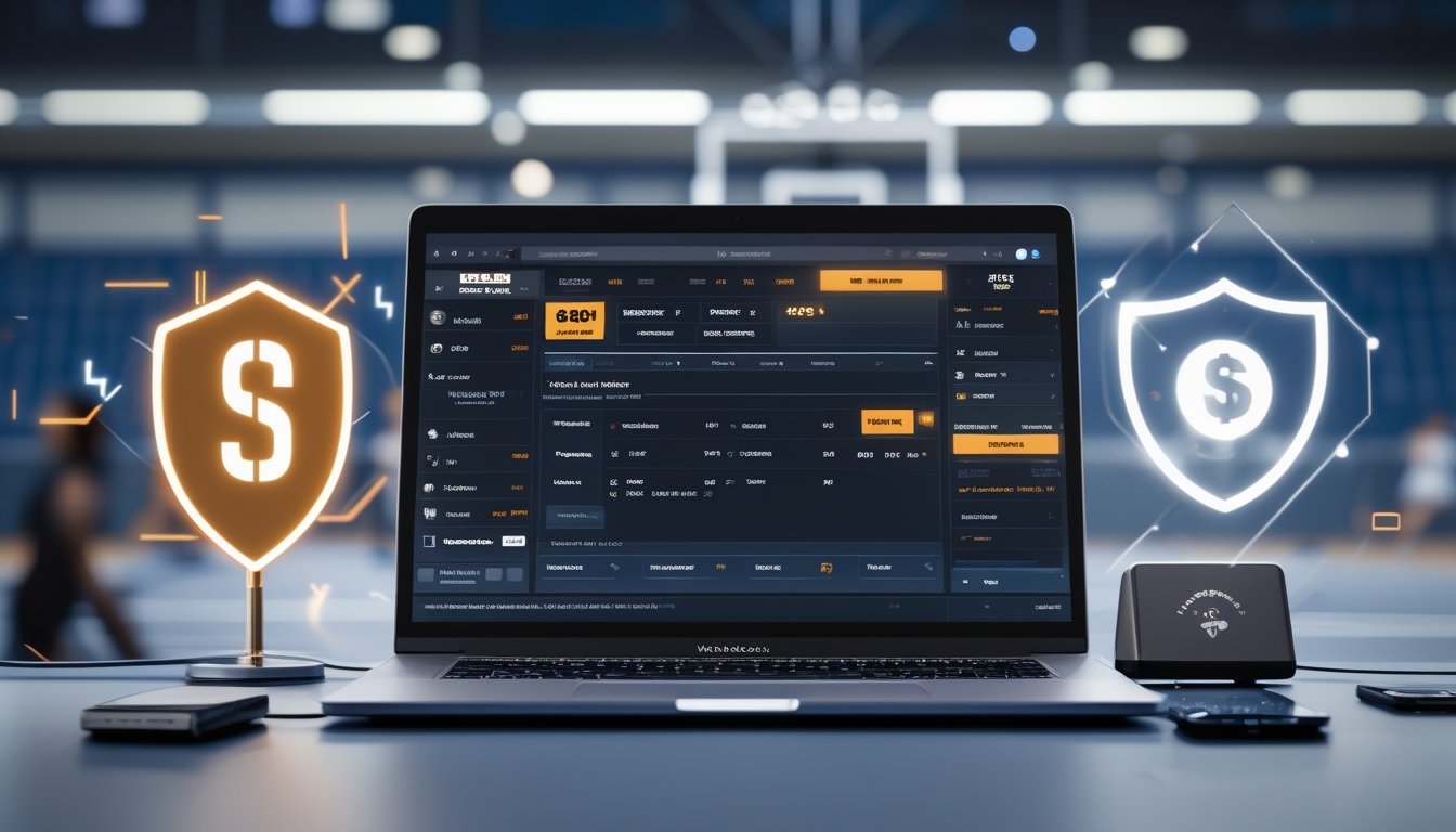 Seorang pria menggunakan laptop di meja kerja dengan latar belakang lapangan basket, menunjukkan aktivitas taruhan bola basket online yang terpercaya.