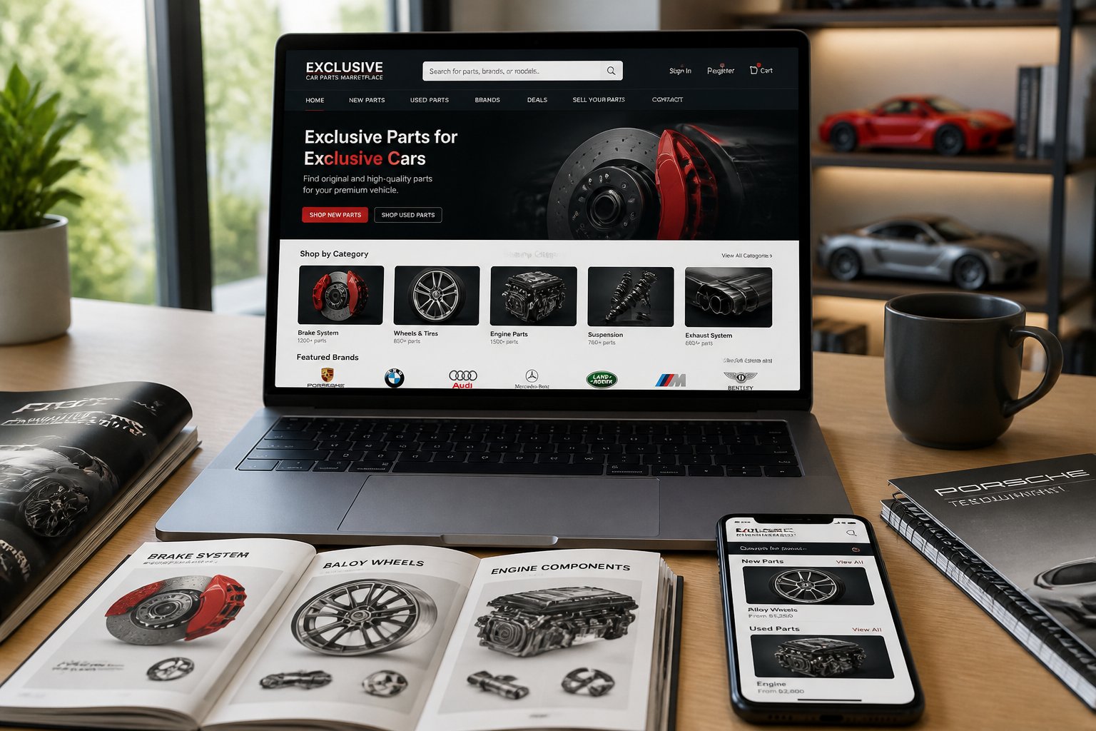 A laptop on a desk showing an online marketplace for new and used exclusive car parts, surrounded by car parts catalogs and a smartphone, in a bright office setting.