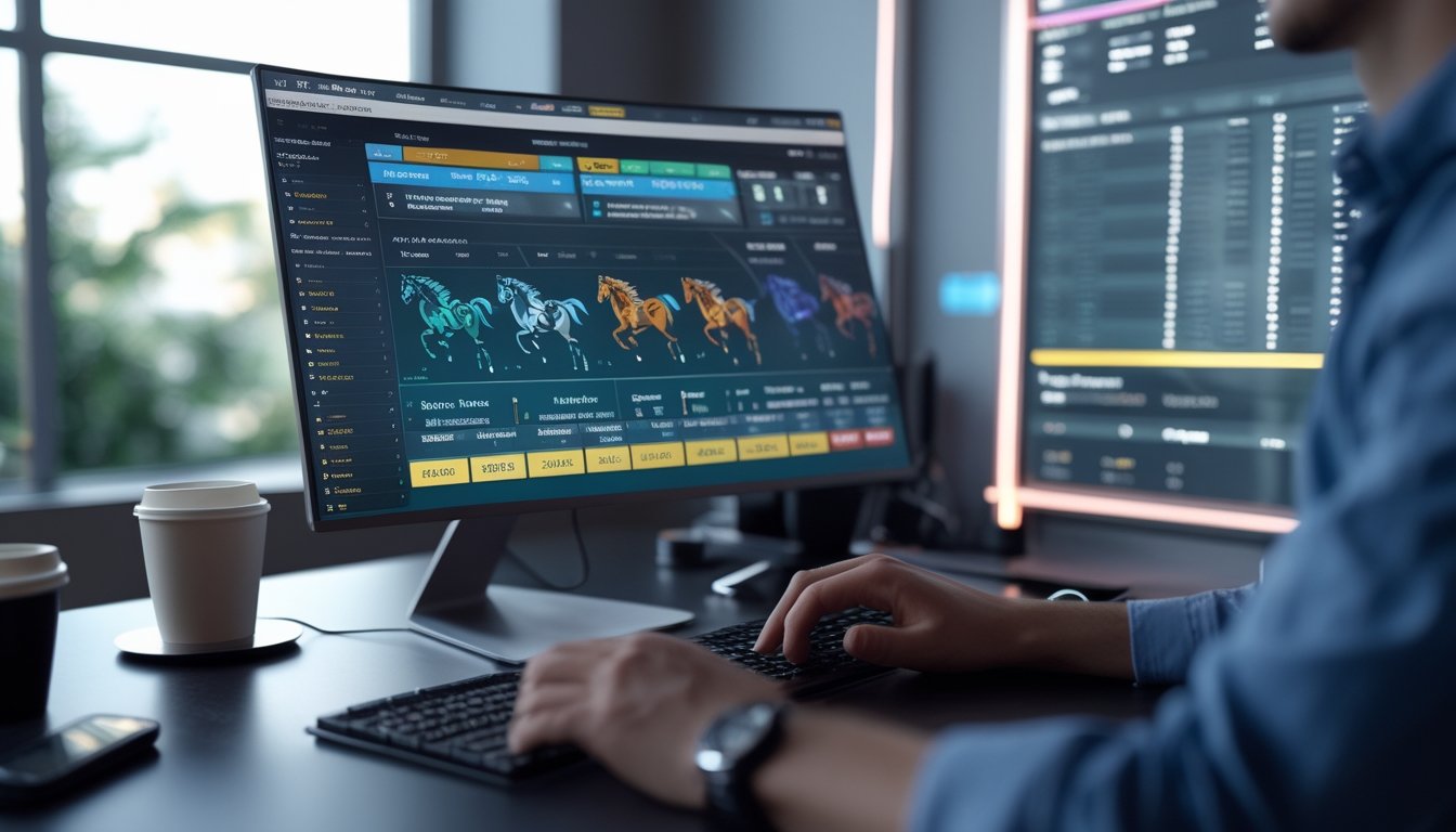 Seseorang menggunakan komputer dengan tampilan antarmuka taruhan balap kuda online yang modern dan futuristik di meja kerja yang rapi.