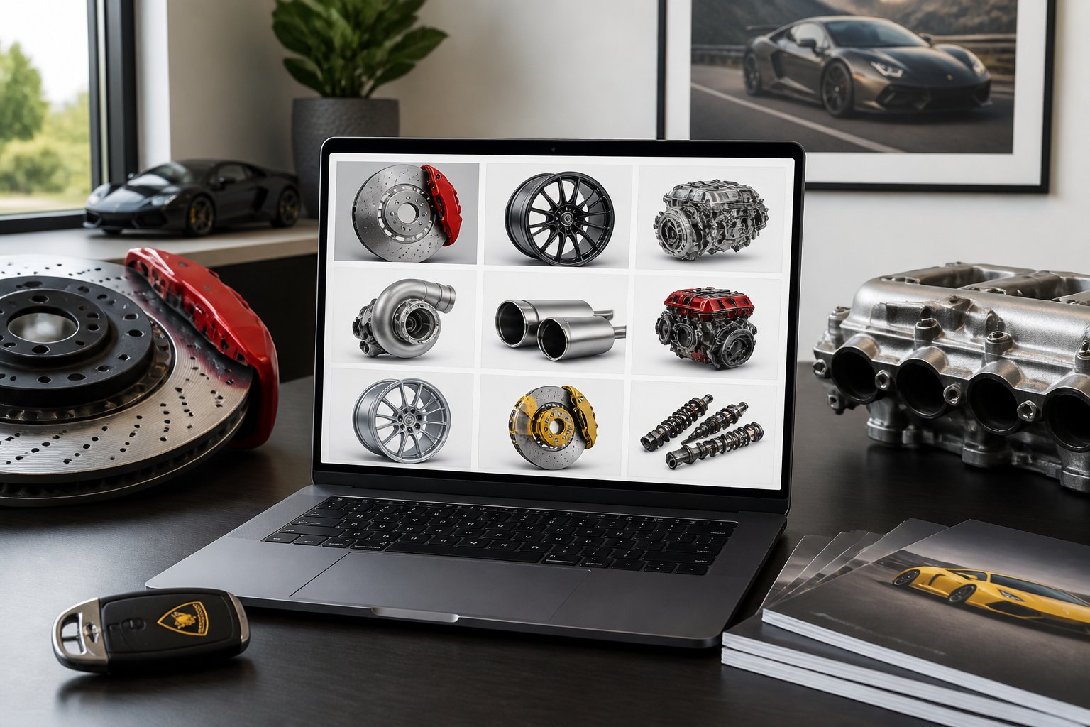 A laptop on a desk showing an online marketplace for new and used exclusive car brand parts, surrounded by car components and automotive decor.