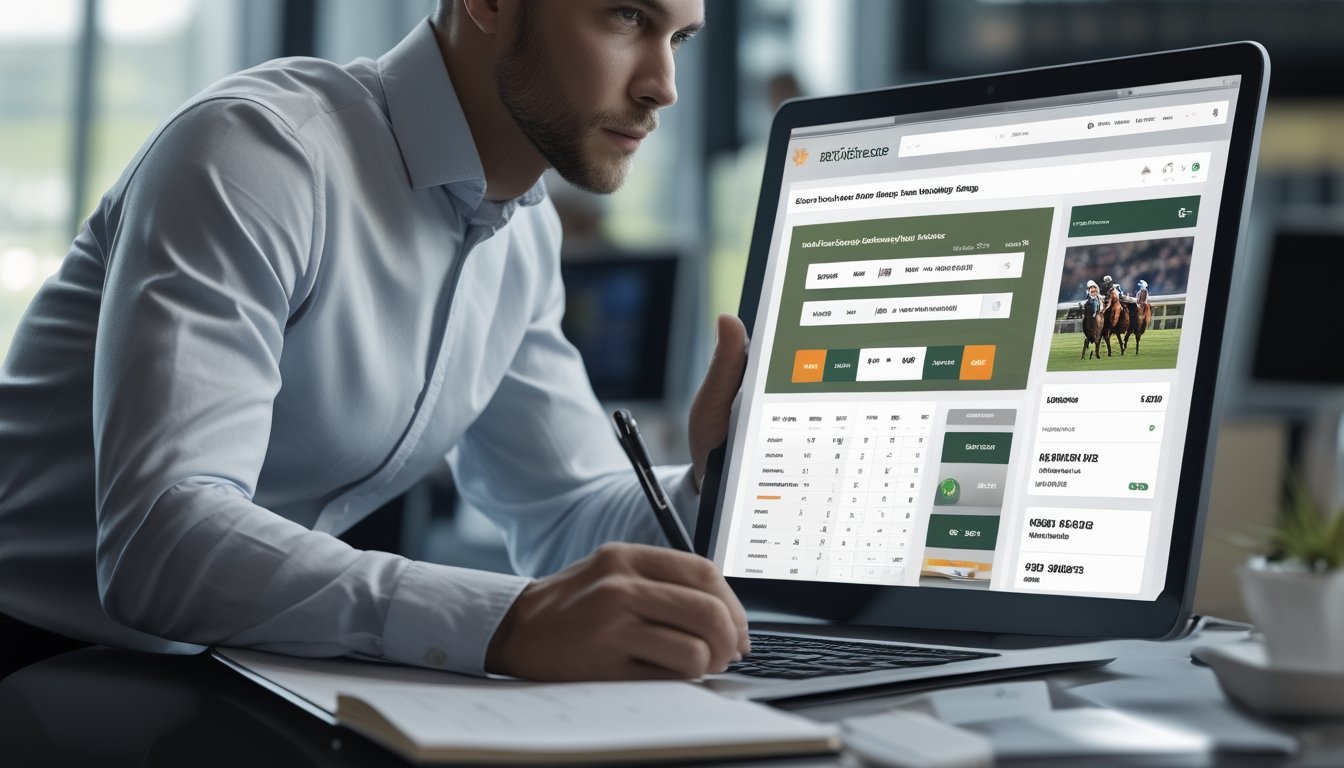 Seseorang sedang menganalisis data taruhan balap kuda online di depan layar komputer dengan latar belakang lintasan balap dan kuda yang sedang berlari.