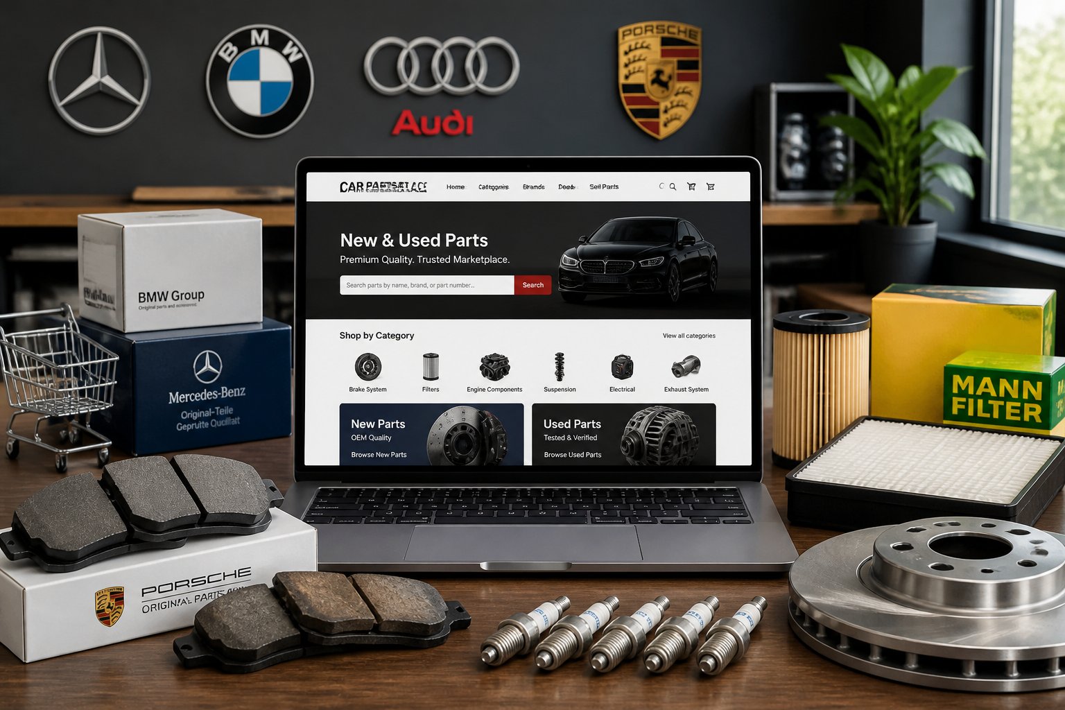 A workspace with a laptop showing an online car parts marketplace and new and used car parts arranged on the desk.