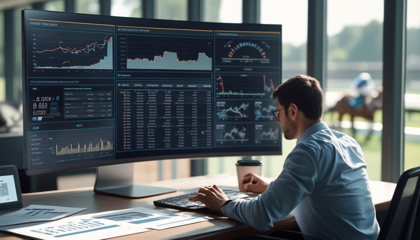 Seorang profesional menganalisis data statistik balap kuda di depan komputer dengan grafik dan layar tablet, latar belakang menunjukkan arena balap kuda.
