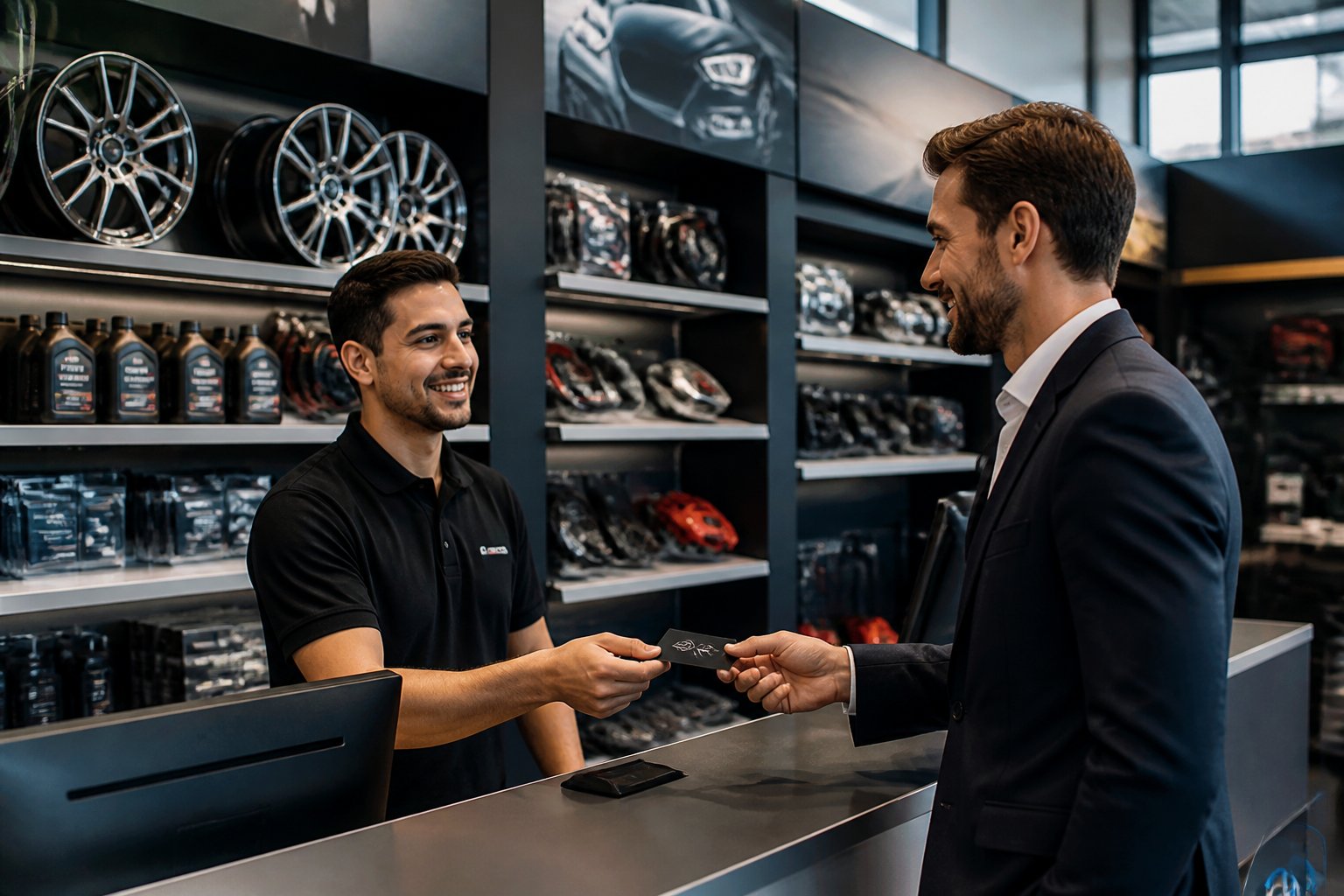 A customer service representative helping a customer in a high-end automotive parts store.
