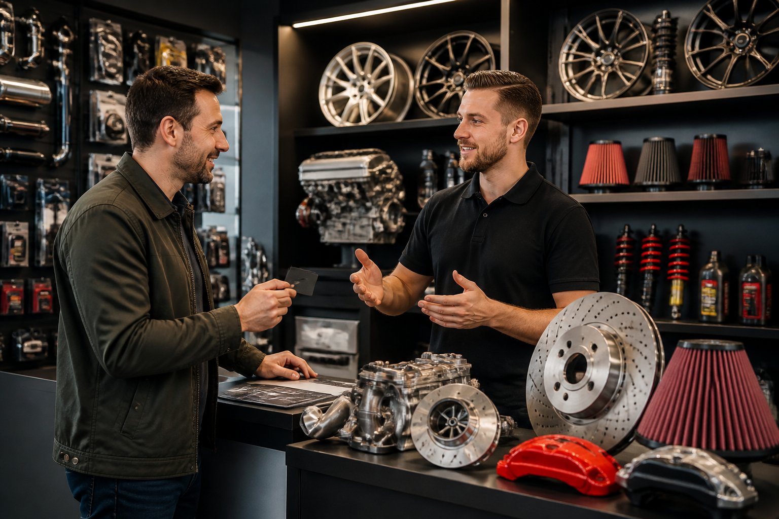 Customer holding a membership card talks to a store employee in a high-end automotive parts store with premium car components displayed on shelves.