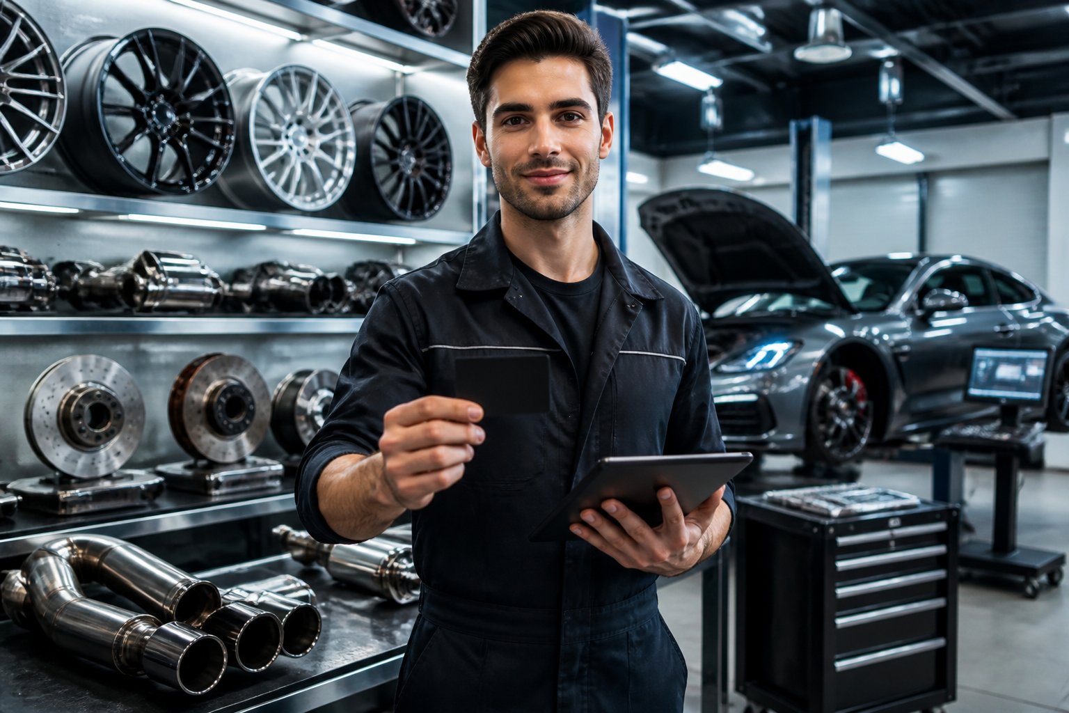 A mechanic holding a tablet in a modern workshop surrounded by premium car parts and a luxury car being serviced.