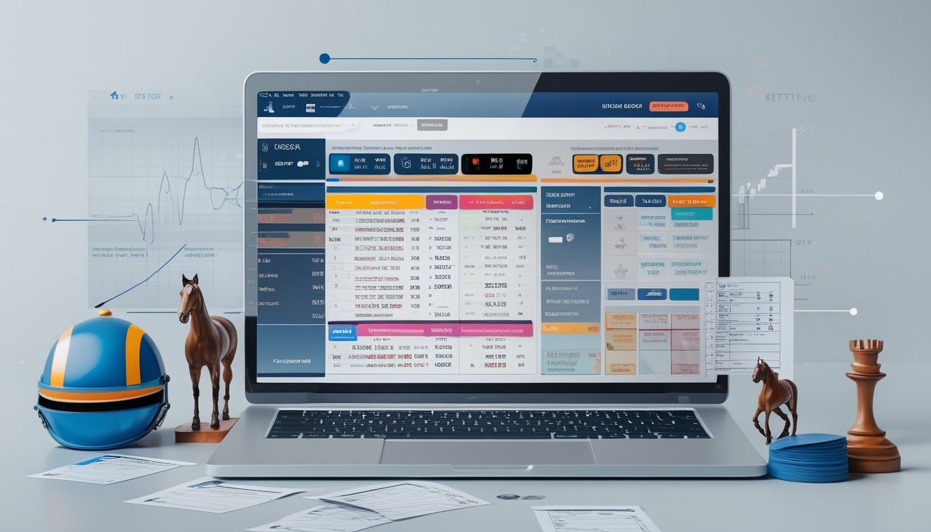 Seorang pengguna sedang melihat layar perangkat dengan tampilan taruhan balap kuda online dan perlengkapan terkait balap kuda di meja.