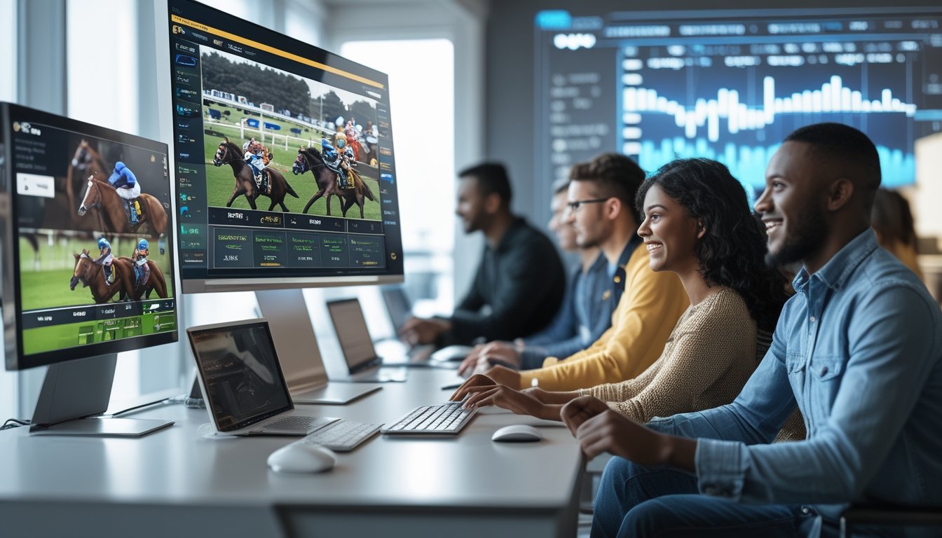 Beberapa orang muda sedang menggunakan komputer dengan tampilan balap kuda online di layar dalam ruangan kantor modern.