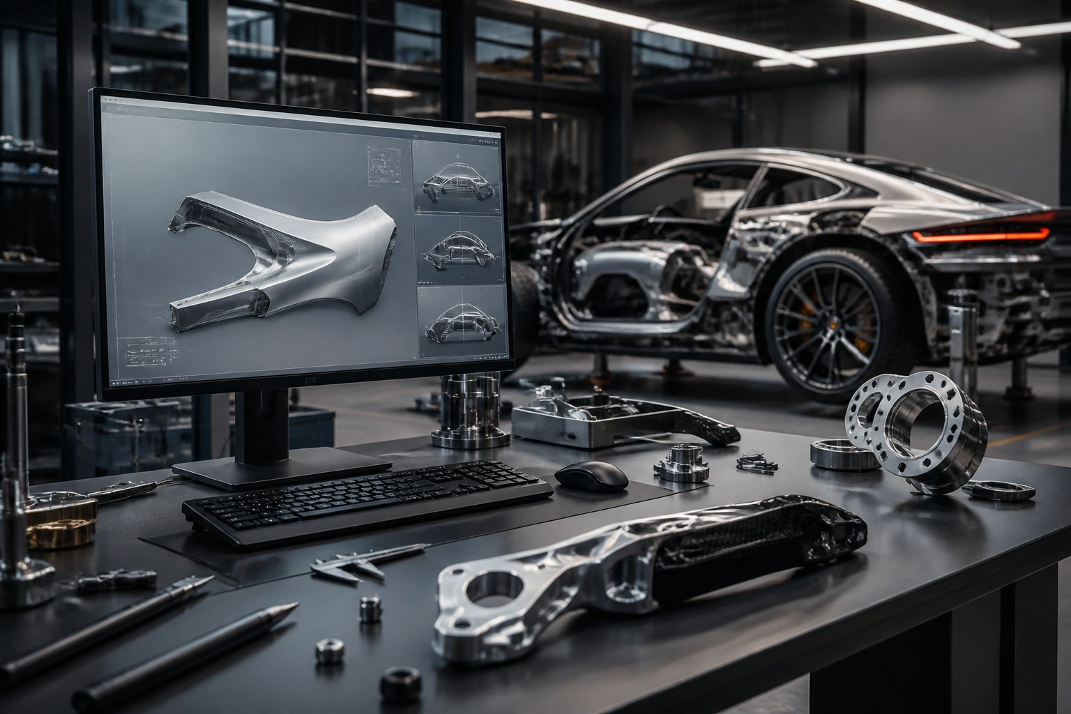 A modern workshop with a computer showing 3D vehicle part designs, tools on a desk, and a luxury sports car being assembled in the background.
